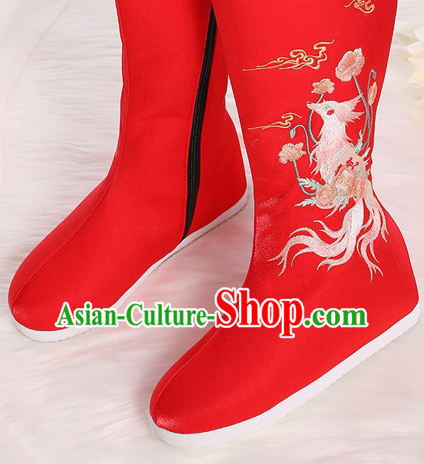 Asian Chinese Red Embroidered Fox Boots Traditional Opera Boots Hanfu Shoes for Women Asian Chinese Red Embroidered Fox Boots Traditional Opera Boots Hanfu Shoes for Women