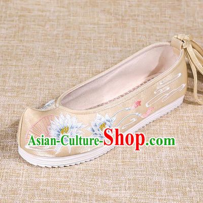 Asian Chinese Golden Bow Shoes Embroidered Epiphyllum Shoes Traditional Opera Shoes Hanfu Shoes for Women