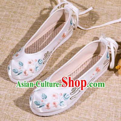Asian Chinese Satin Shoes Embroidered Flowers White Shoes Traditional Opera Shoes Hanfu Shoes for Women