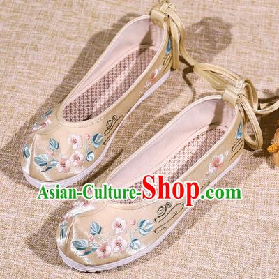 Asian Chinese Satin Shoes Embroidered Flowers Golden Shoes Traditional Opera Shoes Hanfu Shoes for Women