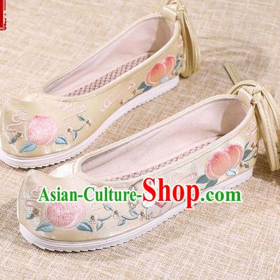 Asian Chinese Golden Satin Shoes Embroidered Rabbit Shoes Traditional Opera Shoes Hanfu Shoes for Women