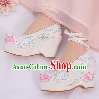 Asian Chinese White High Heel Shoes Embroidered Shoes Traditional Opera Shoes Hanfu Shoes for Women