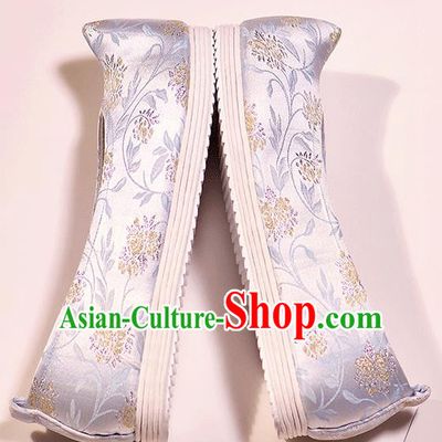 Asian Chinese Ming Dynasty Light Blue Satin Shoes Embroidered Shoes Traditional Opera Shoes Hanfu Shoes for Women