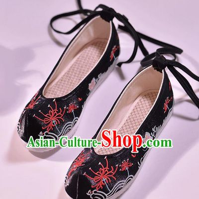 Asian Chinese Black Hanfu Shoes Embroidered Red Spider Lily Shoes Traditional Opera Shoes Princess Shoes for Women