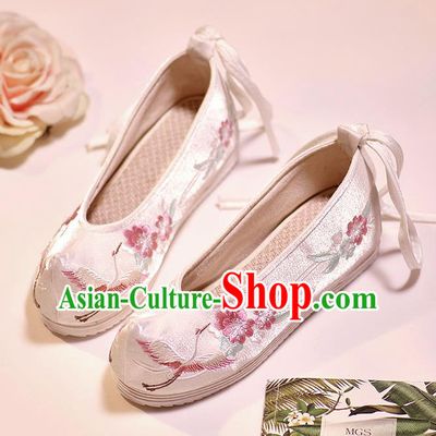 Asian Chinese Embroidered Crane Flowers White Shoes Hanfu Shoes Traditional Opera Shoes Princess Shoes for Women