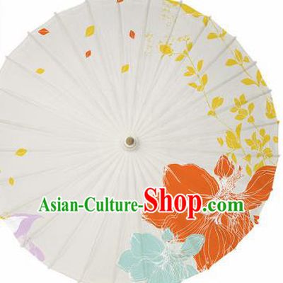 Chinese Traditional Printing Flower White Oil Paper Umbrella Artware Paper Umbrella Classical Dance Umbrella Handmade Umbrellas