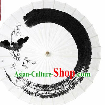 Chinese Traditional Printing Lotus White Oil Paper Umbrella Artware Paper Umbrella Classical Dance Umbrella Handmade Umbrellas