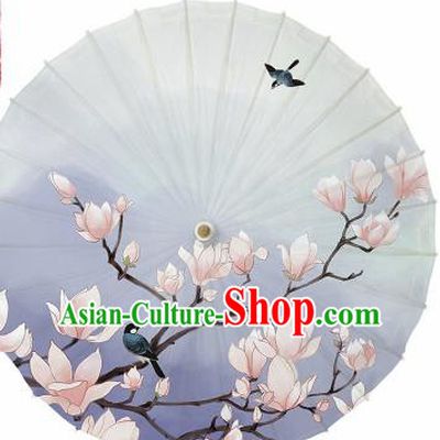 Chinese Traditional Printing Yulan Magnolia Blue Oil Paper Umbrella Artware Paper Umbrella Classical Dance Umbrella Handmade Umbrellas