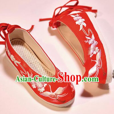 Asian Chinese Embroidered Crane Flowers Red Shoes Hanfu Shoes Traditional Opera Shoes Princess Shoes for Women