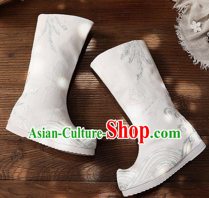 Asian Chinese White Embroidered Boots Traditional Opera Boots Hanfu Shoes for Women Asian Chinese White Embroidered Boots Traditional Opera Boots Hanfu Shoes for Women