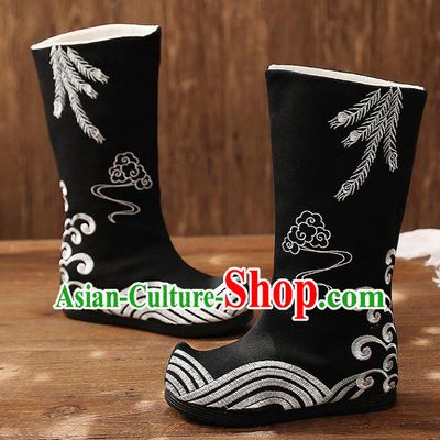 Asian Chinese Black Embroidered Boots Traditional Opera Boots Hanfu Shoes for Women