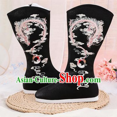 Asian Chinese Winter Embroidered Dragon Black Boots Traditional Opera Boots Hanfu Shoes for Women