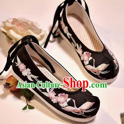 Asian Chinese Embroidered Crane Flowers Black Shoes Hanfu Shoes Traditional Opera Shoes Princess Shoes for Women