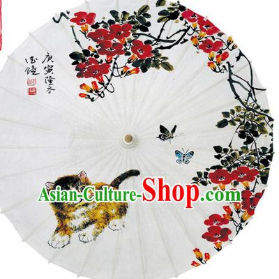 Chinese Traditional Printing Cat Flowers Oil Paper Umbrella Artware Paper Umbrella Classical Dance Umbrella Handmade Umbrellas