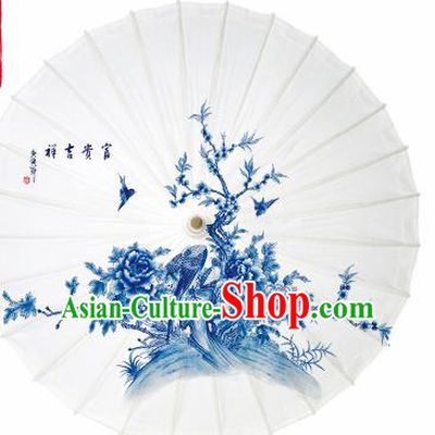 Chinese Traditional Printing Blue Peony Oil Paper Umbrella Artware Paper Umbrella Classical Dance Umbrella Handmade Umbrellas