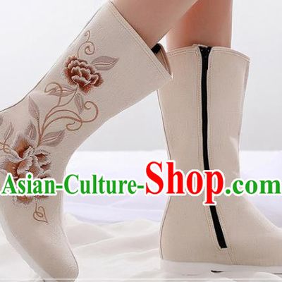 Asian Chinese Embroidered Peony Beige Boots Traditional Opera Boots Hanfu Shoes for Women