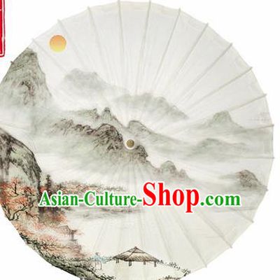 Chinese Traditional Printing Landscape White Oil Paper Umbrella Artware Paper Umbrella Classical Dance Umbrella Handmade Umbrellas