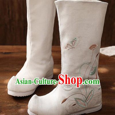 Asian Chinese Embroidered White High Boots Traditional Opera Boots Hanfu Shoes for Women