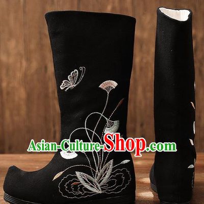 Asian Chinese Embroidered Black High Boots Traditional Opera Boots Hanfu Shoes for Women