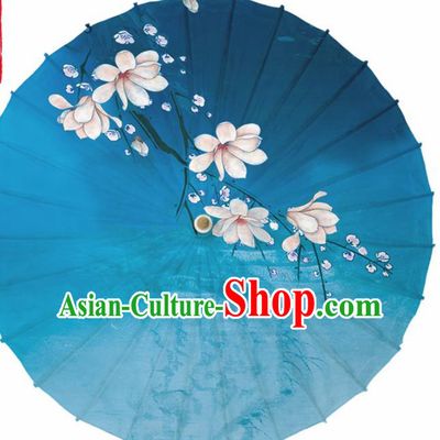 Chinese Traditional Printing Yulan Magnolia Blue Oil Paper Umbrella Artware Paper Umbrella Classical Dance Umbrella Handmade Umbrellas