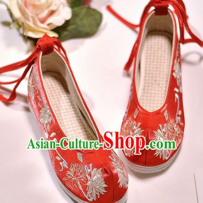 Asian Chinese Embroidered Epiphyllum Red Satin Shoes Hanfu Shoes Traditional Opera Shoes Princess Shoes for Women