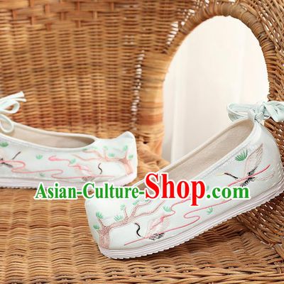 Asian Chinese Embroidered Pine Crane Blue Bow Shoes Hanfu Shoes Traditional Opera Shoes Princess Shoes for Women