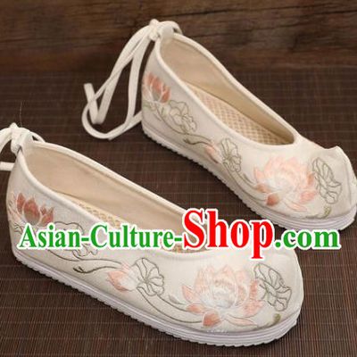 Asian Chinese Embroidered Lotus White Bow Shoes Hanfu Shoes Traditional Opera Shoes Princess Shoes for Women