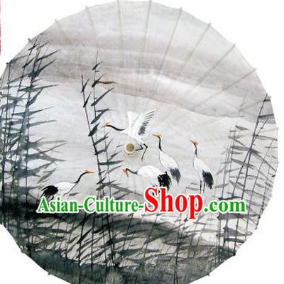 Chinese Traditional Printing Cranes Reeds Oil Paper Umbrella Artware Paper Umbrella Classical Dance Umbrella Handmade Umbrellas