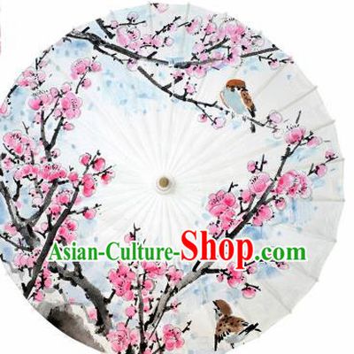 Chinese Traditional Printing Plum White Oil Paper Umbrella Artware Paper Umbrella Classical Dance Umbrella Handmade Umbrellas