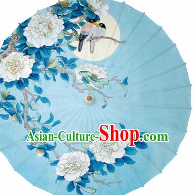 Chinese Printing Camellia Blue Oil Paper Umbrella Artware Paper Umbrella Traditional Classical Dance Umbrella Handmade Umbrellas