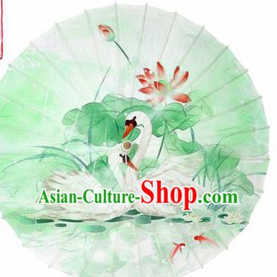 Chinese Printing Swan Lotus Green Oil Paper Umbrella Artware Paper Umbrella Traditional Classical Dance Umbrella Handmade Umbrellas