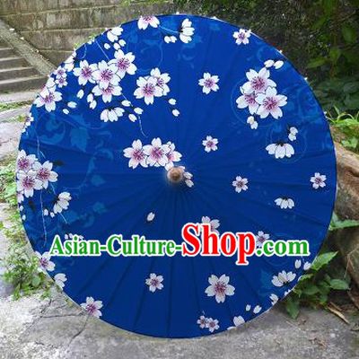 Chinese Artware Paper Umbrella Traditional Printing Cherry Blossom Deep Blue Oil Paper Umbrella Classical Dance Umbrella Handmade Umbrellas