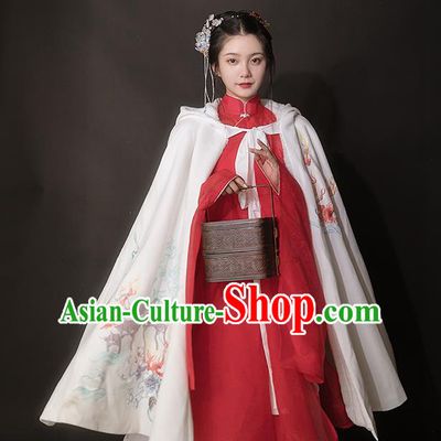 Chinese Ancient Hanfu Embroidered White Cloak Traditional Ming Dynasty Princess Costumes for Women