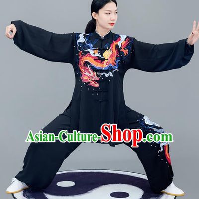 Chinese Traditional Tai Chi Training Embroidered Dragon Black Costumes Martial Arts Performance Outfits for Women