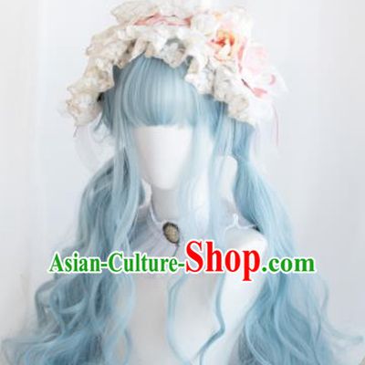 Top Grade Cosplay Blue Wigs Young Lady Long Curly Hair Wiggery Headdress for Women