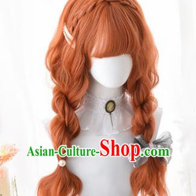 Top Grade Cosplay Lolita Orange Wigs Nobility Lady Long Curly Hair Wiggery Headdress for Women