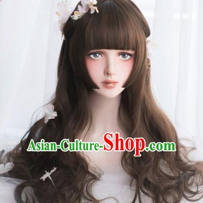 Top Grade Cosplay Lolita Brown Curly Wigs Nobility Lady Long Hair Wiggery Headdress for Women