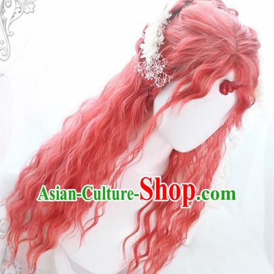 Top Grade Cosplay Lolita Red Curly Wigs Young Lady Long Hair Wiggery Headdress for Women