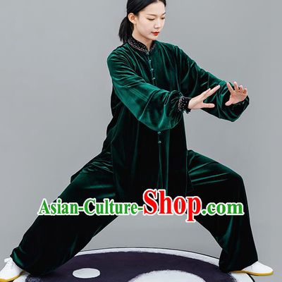 Chinese Traditional Tai Chi Training Green Velvet Costumes Martial Arts Performance Outfits for Women