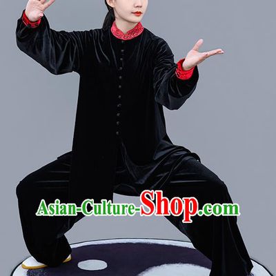 Chinese Traditional Tai Chi Training Black Velvet Costumes Martial Arts Performance Outfits for Women