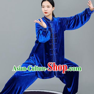 Chinese Traditional Tai Chi Training Royalblue Velvet Costumes Martial Arts Performance Outfits for Women