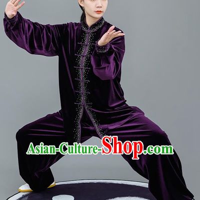 Chinese Traditional Tai Chi Training Purple Velvet Costumes Martial Arts Performance Outfits for Women