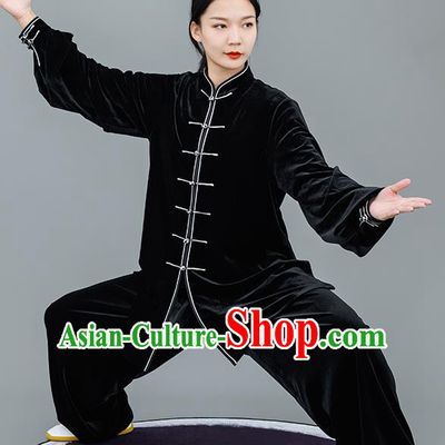 Chinese Traditional Tai Chi Training Black Velvet Costumes Martial Arts Performance Outfits for Women