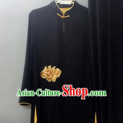 Chinese Traditional Tai Chi Training Embroidered Yellow Peony Velvet Costumes Martial Arts Performance Outfits for Women