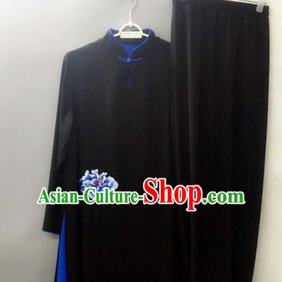 Chinese Traditional Tai Chi Training Embroidered Blue Peony Velvet Costumes Martial Arts Performance Outfits for Women