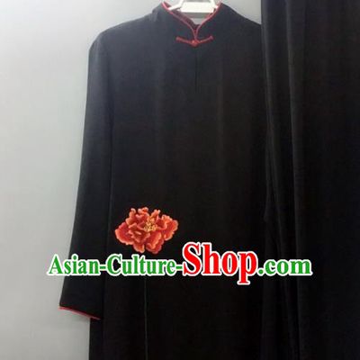 Chinese Traditional Tai Chi Training Embroidered Red Peony Velvet Costumes Martial Arts Performance Outfits for Women