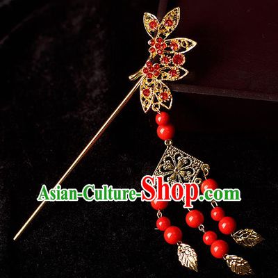 Chinese Traditional Tang Dynasty Princess Red Beads Tassel Hairpins Ancient Palace Lady Headdress for Women