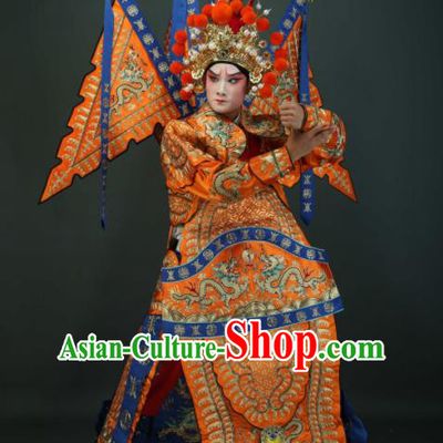 Chinese Traditional Beijing Opera Chu King Orange Costumes Peking Opera Takefu Embroidered Da Kao Clothing for Men