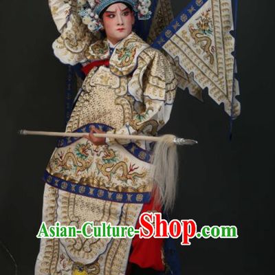 Chinese Traditional Beijing Opera Chu King White Costumes Peking Opera Takefu Embroidered Da Kao Clothing for Men