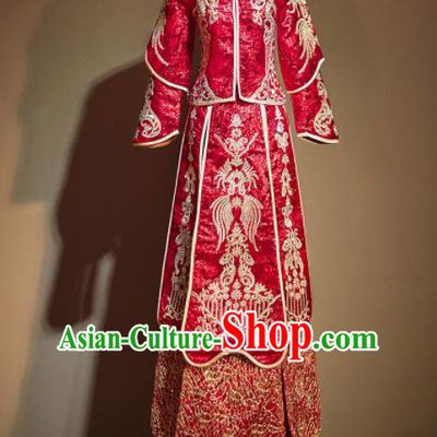 Chinese Traditional Xiu He Suit Ancient Wedding Embroidered Red Dress Bride Costumes for Women